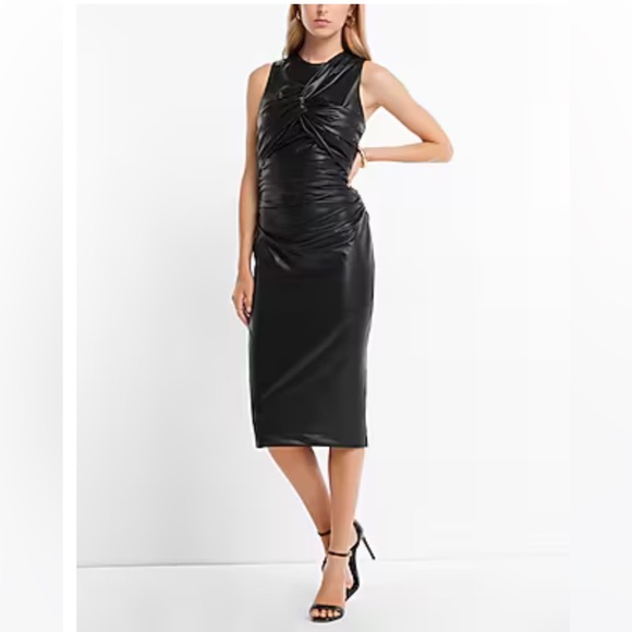 Express Body Contour Faux Leather Twist Front Midi Dress With Built-In Shapewear - Picture 1 of 3
